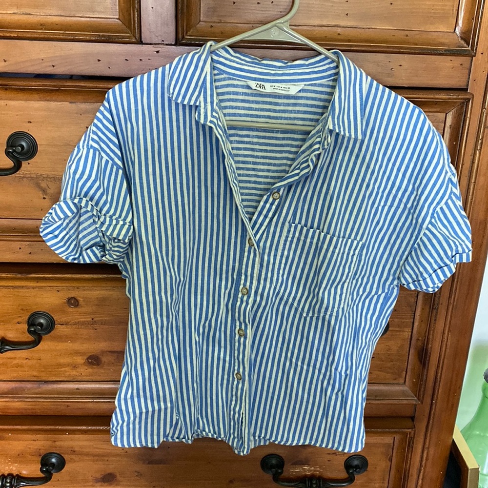 ZARA button up striped shirt! Not cropped, but shorter than normal.